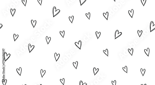 Hand-drawn sketchy hearts form a charming seamless pattern on a white background, perfect for romantic and loving themes.