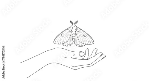 A delicate moth with patterned wings hovers gently over an outstretched human hand, symbolizing connection and nature.