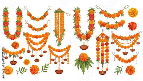 A collection of decorative Indian festival garlands made of orange marigolds, green mango leaves, and hanging diyas.