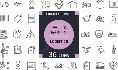 Minimal Logistics Line Icon Set featuring delivery, transport, warehouse, cargo, supply chain, and shipment icons for apps, dashboards, websites, and branding