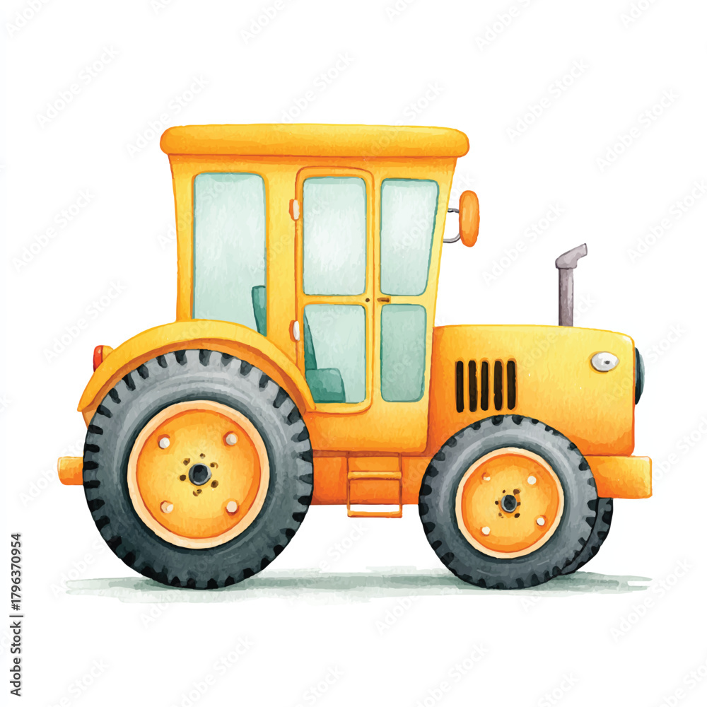Obraz premium Charming Yellow Farm Tractor Watercolor Illustration