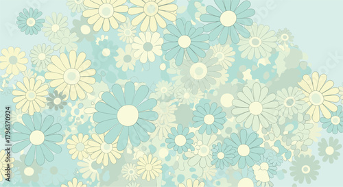 Pastel floral background with scattered stylized daisies in shades of blue, yellow, and cream, offering a gentle and decorative design.
