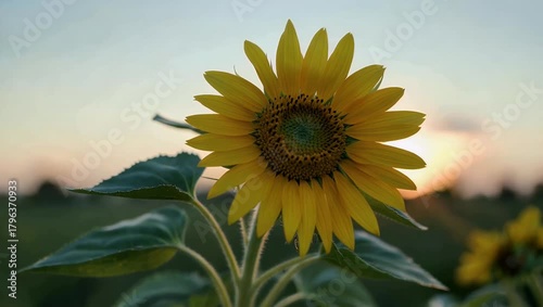 A centered 4K close up of a sunflower viewed from above in the evening highlighting its rotating petals gently moving in the breeze showcasing botanical detail natural light and serene floral beauty