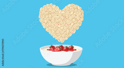 Oat flakes forming a heart shape above a bowl of strawberry oatmeal, symbolizing healthy eating and a good start to the day.