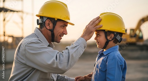 A construction worker father lovingly adjusts his young son's yellow hard hat at a building site during sunset.