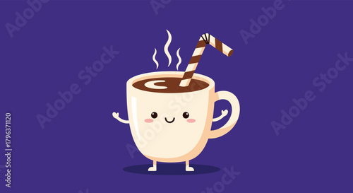 A charming, smiling cartoon hot chocolate mug with a candy cane straw, personified with arms and legs, stands happily against a vibrant purple background.