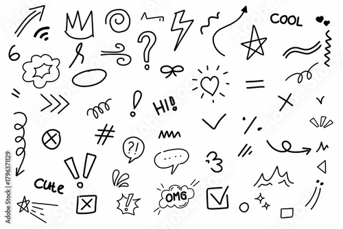 Hand-Drawn Doodle Elements Set for Social Media, Cute Decorations, Highlight Icons, Sketch Symbols, Creative Notes, Fun Markers, and Playful Graphic Design Assets