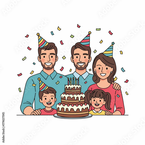 Joyful family celebrates a birthday with party hats, confetti, and a grand multi-tier cake, smiling