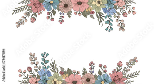 Beautiful watercolor-style floral arrangements in pastel hues framing a central white space, ideal for gentle invitations and decorative designs.