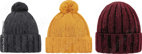 Winter knitted beanie hat collection, wool pom pom caps, warm fashion accessories, cozy headwear illustration, cad drawing flat vector illustration