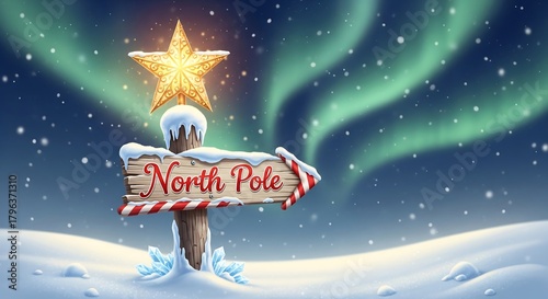 A festive wooden sign pointing to the North Pole in a snowy winter landscape with northern lights.
