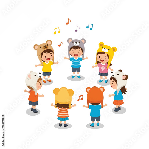 Kids in playful animal hats circle, singing together under floating colorful musical notes. cheers!!