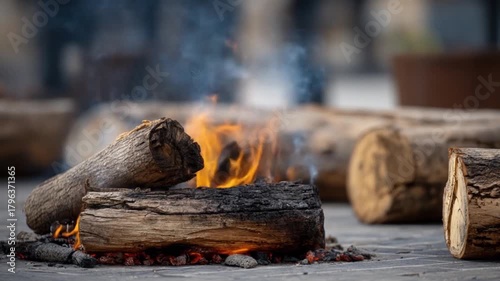 Wallpaper Mural Burning firewood flames and smoke close up on outdoor fire pit Torontodigital.ca