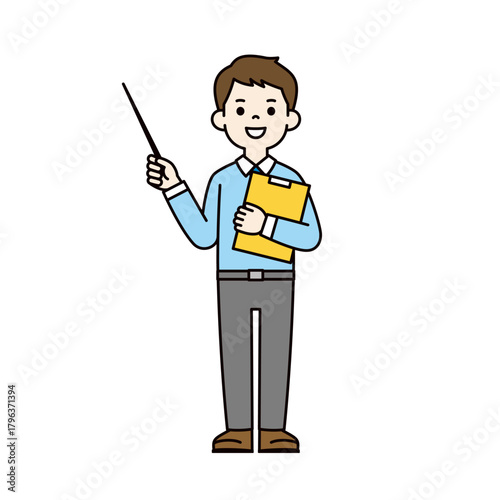 ポインターを持って解説する、ワイシャツを着た若い男性の全身ベクターイラスト素材＿カラー