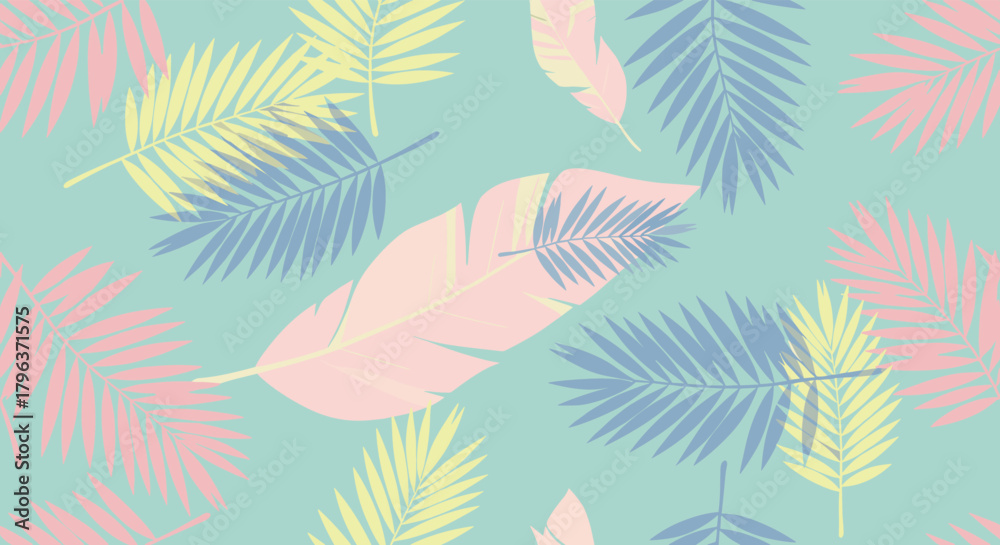 Obraz premium Light and airy botanical pattern showcasing a serene mix of colorful palm branches and elegant feathers in a soft, refreshing palette.