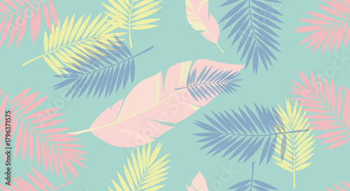 Light and airy botanical pattern showcasing a serene mix of colorful palm branches and elegant feathers in a soft, refreshing palette.