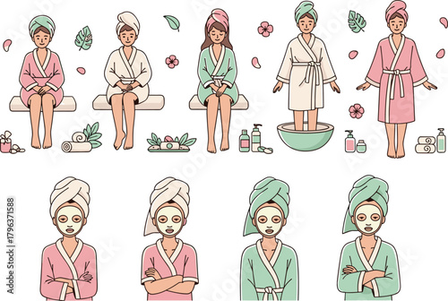 women wearing robes, applying face masks, relaxing, skincare routines, self care treatments, beauty salon, wellness, natural ingredients, vector art