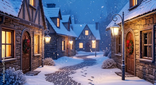 A charming, snow-covered village street with glowing lights on a peaceful winter night.