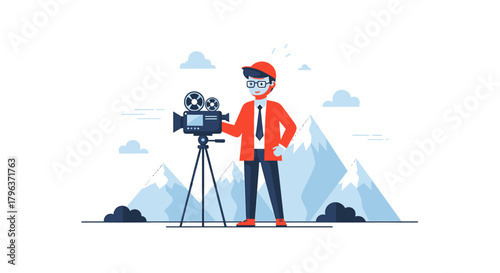 A flat design vector illustration portraying an independent filmmaker with a video camera, set against a backdrop of snowy mountains. 