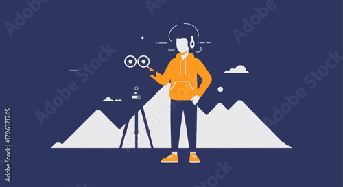 A flat design vector illustration portraying an independent filmmaker with a video camera, set against a backdrop of snowy mountains. 