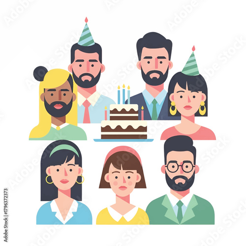 Seven diverse adults celebrate around a two-tier cake with lit candles. party hats gleam brightly.!!