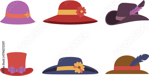Decorative hat collection, fashion accessories, colorful headwear, flower hats, feather detail, stylish brim, vector illustration, costume design, elegant style