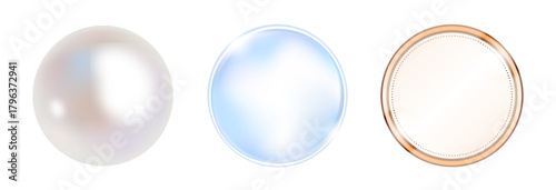 大粒パールの光沢感・化粧水のようなブルーの水滴グラデーション・ピンクゴールドの繊細なメダル枠を組み合わせた美容系ラグジュアリーパーツセット（スキンケアLPや高級コスメの効果訴求に使える多用途デザイン）