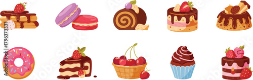 Dessert Vector Set Featuring Cakes, Donuts, Macarons, Cupcakes, Waffles, and Cherries for Culinary Design, Menu Illustration, Packaging, and Branding