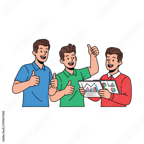 Three smiling men in blue, green, red shirts share charts, thumbs up, exude teamwork at work today!!