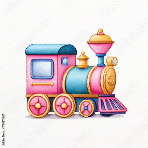 Colorful Watercolor Toy Train Illustration, Playful Kids Locomotive