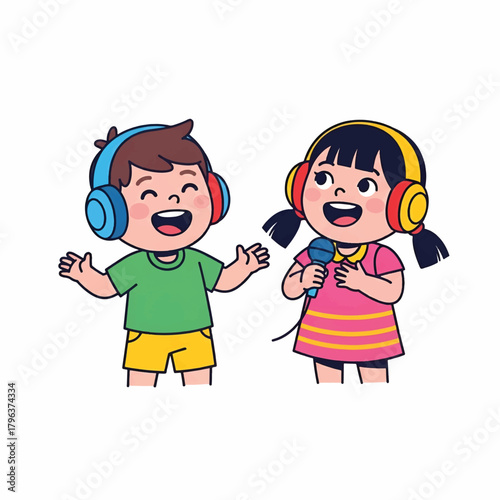 Two cheerful kids wearing headphones singing; boy in green shirt, yellow shorts, girl in pink dress