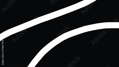 Abstract black and white background with two thick, curved white lines crossing the frame. Minimalist, high-contrast, graphic design element with ample negative space.