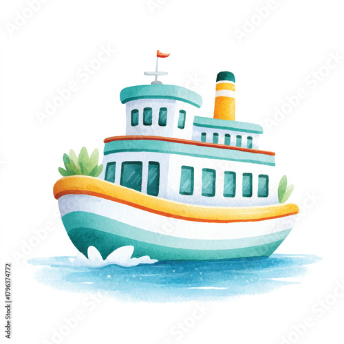 Charming Watercolor Boat Illustration. Cute Ferry for Travel and Children's Content.