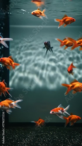 Vibrant Goldfish School Dynamically Swims in a Clear Aquarium, Bubbles and Reflections