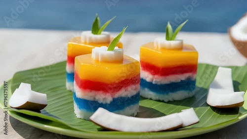 Vibrant Layered Coconut Desserts on Banana Leaf: Tropical Sweet Treats