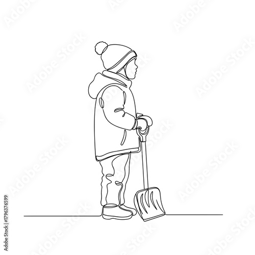 Child with snow shovel line art symbolizing winter responsibility