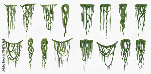 Set of various green jungle lianas and tropical vines hanging down, isolated on a transparent background, for game design or illustration.