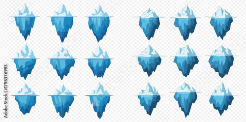 Collection of various cartoon icebergs with visible parts above and below the water line, isolated on a transparent background.