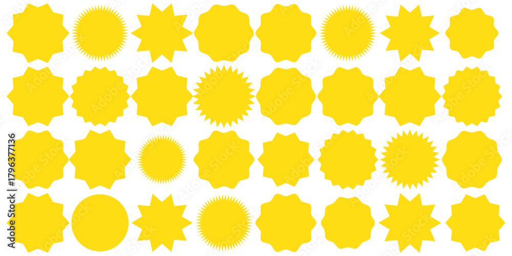 Fototapeta premium Set of yellow star burst shape tags for price. Circle sticker. Wavy edge promo badges. Set of burst tag icons. A collection of starburst stickers. eps 10