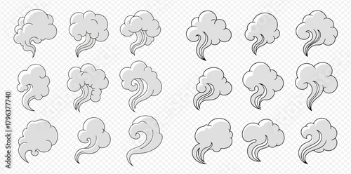 Cartoon smoke and steam clouds vector set, various shapes of vapor or fume isolated on transparent background, graphic resource for comics or games.