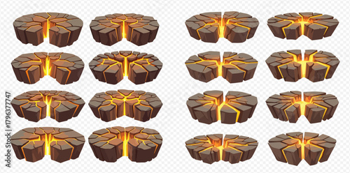 Stylized cracked ground with glowing lava fissures, isolated on transparent background, ideal for game assets.