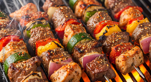 Fototapeta Naklejka Na Ścianę i Meble -  Delicious Grilled Meat and Vegetable Skewers Cooking on a Hot Grill.