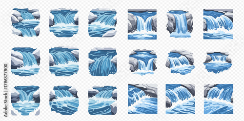 A collection of pixel art waterfall illustrations featuring various styles of blue water flowing over grey rocks, suitable for game assets or natural environment designs.