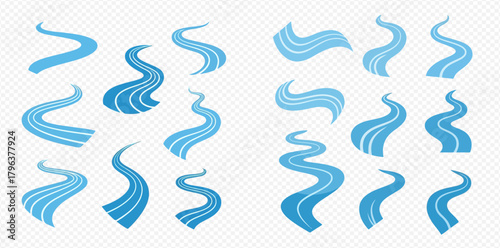 A collection of blue wavy river and water flow vector graphics on a transparent background, ideal for design elements.