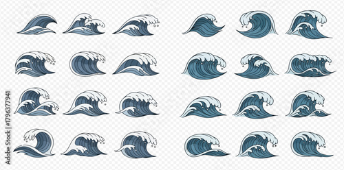 Collection of cartoon ocean waves with white foam, various shapes and sizes, isolated on transparent background.