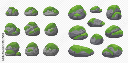Collection of cartoon mossy rocks and stones in various shapes and sizes, isolated on a transparent background, perfect for game assets or nature illustrations.