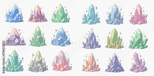 Collection of colorful stylized crystal clusters in various pastel shades, featuring sparkling elements and a transparent background.