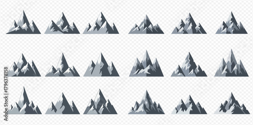 Collection of stylized grey and white mountain peaks and ranges, perfect for natural landscape illustrations.