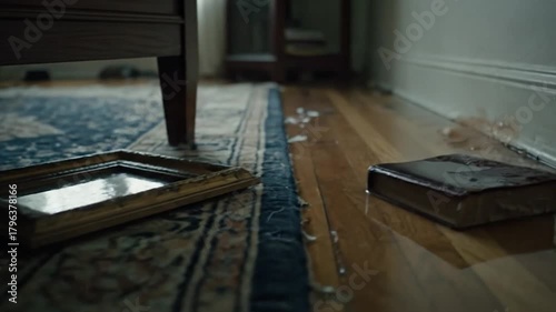 A room interior shows water damage and a discarded picture frame on a patterned rug