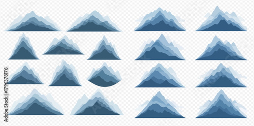 Collection of stylized blue mountain icons with layered depth effect on transparent background.